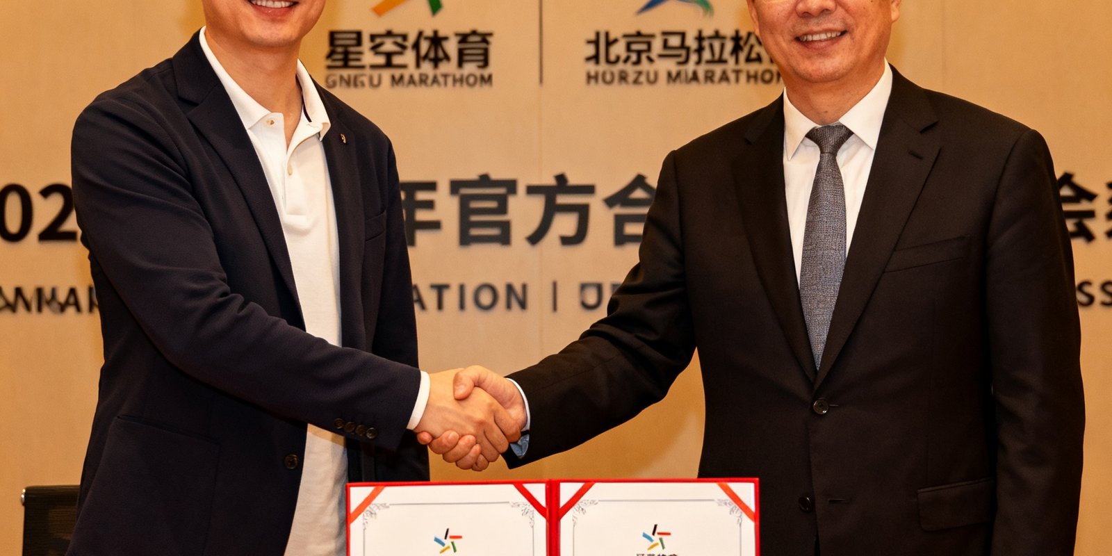 星空体育CEO与北京马拉松组委会代表在签约仪式上握手，双方达成2025-2027年官方合作伙伴关系