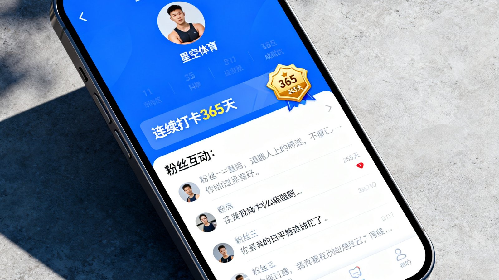 星空体育APP社区页面的手机截图，展示一位健身达人的个人主页，包含连续打卡365天成就徽章和粉丝互动留言