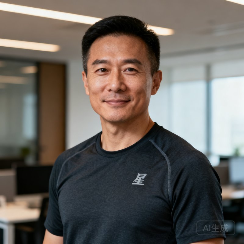 星空体育创始人兼CEO穿着深色运动T恤在公司办公室的自然光下拍摄的半身肖像照，表情自信沉稳