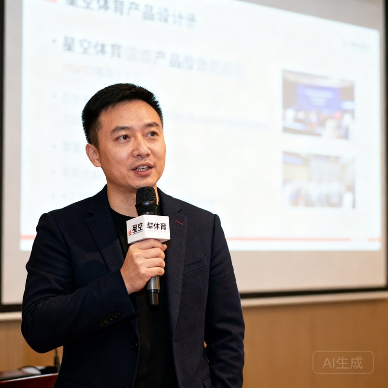 星空体育产品设计总监在行业研讨会上手持话筒发言的专业形象照片，背景是投影屏幕